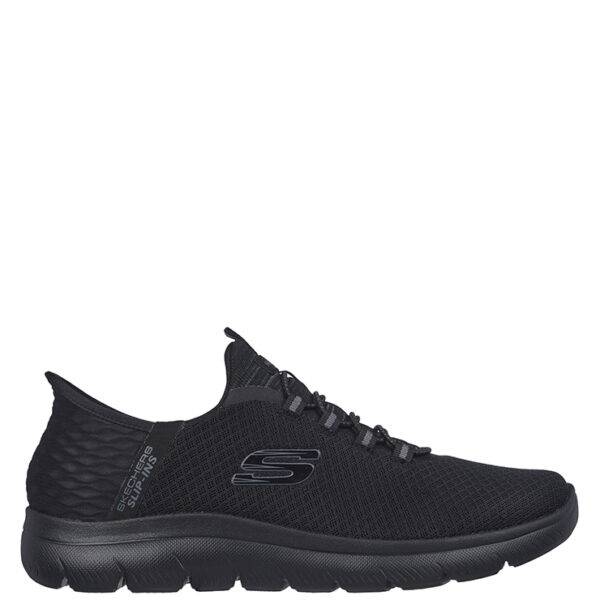 Zapatillas de la marca Skechers modelo Slip-ins Black en color negro. Zapatillas deportivas elaboradas de malla con cordones elásticos. Media suela ligera y flexible con absorción de impactos. Heel Pillow™ para mantener el talón en su sitio, de 3 cm de altura. Plantilla Air-Cooled Memory Foam®.