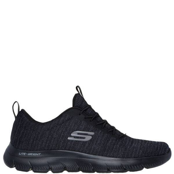 Zapatillas de la marca Skechers modelo Summits - Sorenz en color negro. Zapatillas elaboradas en knit con cordones elásticos. Plantilla Memory Foam. Suela flexible con tracción y 2, 5 cm de altura.